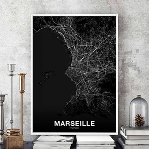 MARSEILLE Frankreich Karte Poster schwarz weiß Heimatstadt Stadt Print Modernes Wohnkultur Büro Dekoration Wand Kunst Wohnheim Schlafzimmer Geschenk