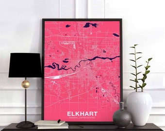 ELKHART Indiana IN USA poster color Hometown City Print Modern Home Decor Office Decoration Wall Art Dorm Bedroom Gift