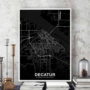 DECATUR Alabama AL Etats-Unis carte affiche noir blanc ville natale ville impression moderne décor à la maison bureau décoration mur art dortoir chambre cadeau