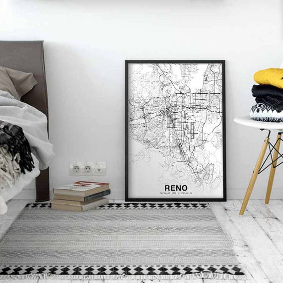 Reno Nevada Nv Usa Map Poster Black White Wall Decor Design Etsy