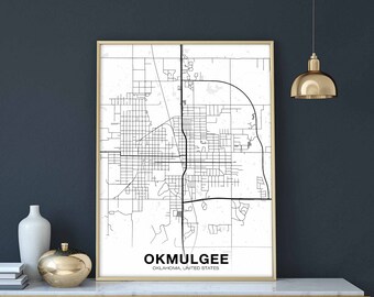 OKMULGEE Oklahoma OK US map poster black white Hometown City Print Modern Home Decor Office Decoration Wall Art Dorm Bedroom Gift