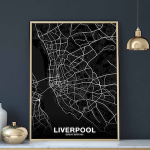 LIVERPOOL Grande-Bretagne Royaume-Uni carte affiche noir blanc ville natale ville impression moderne décor à la maison bureau décoration mur art dortoir chambre cadeau