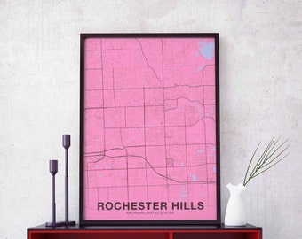 ROCHESTER HILLS Michigan MI usa map poster color Hometown City Print Modern Home Decor Office Decoration Wall Art Dorm Bedroom Gift