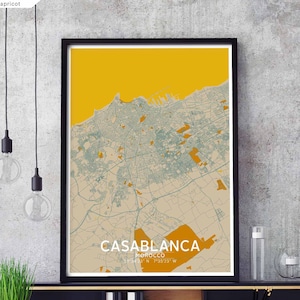 Affiche de carte de CASABLANCA maroc noir blanc ville natale ville impression moderne décor à la maison bureau décoration mur art dortoir chambre cadeau