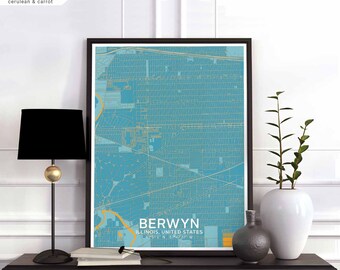 BERWYN Illinois USA map poster black white Hometown City Print Modern Home Decor Office Decoration Wall Art Dorm Bedroom Gift