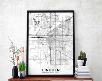 LINCOLN Nebraska NE USA map poster black white Hometown City Print Modern Home Decor Office Decoration Wall Art Dorm Bedroom Gift