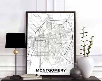 MONTGOMERY Alabama AL USA map poster black white Hometown City Print Modern Home Decor Office Decoration Wall Art Dorm Bedroom Gift