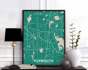 PLYMOUTH Minnesota MN USA map poster color Hometown City Print Modern Home Decor Office Decoration Wall Art Dorm Bedroom Gift