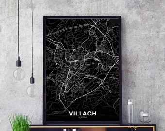 VILLACH Austria map poster black white Hometown City Print Modern Home Decor Office Decoration Wall Art Dorm Bedroom Gift