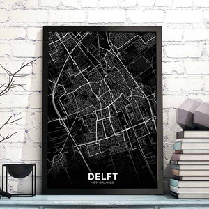Affiche carte DELFT pays-bas noir blanc ville natale ville impression moderne décor à la maison bureau décoration art mural dortoir chambre cadeau