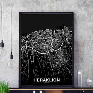 HERAKLION Griechenland Karte Poster schwarz weiß Heimatstadt Stadt Print Modernes Wohndekor Büro Dekoration Wand Kunst Wohnheim Schlafzimmer Geschenk