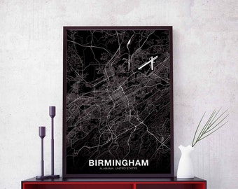 BIRMINGHAM Alabama AL map poster black white Hometown City Print Modern Home Decor Office Decoration Wall Art Dorm Bedroom Gift