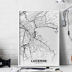 Affiche de carte de LUCERNE, Suisse, noir blanc, ville natale, ville, impression moderne, décoration de maison, décoration de bureau, art mural, dortoir, chambre, cadeau