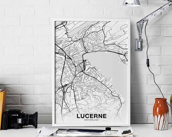 LUCERNE Switzerland map poster black white Hometown City Print Modern Home Decor Office Decoration Wall Art Dorm Bedroom Gift