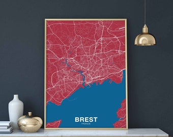 BREST France map poster colors Hometown City Print Modern Home Decor Office Decoration Wall Art Dorm Bedroom Gift