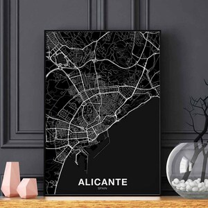ALICANTE Spanien Karte Poster schwarz weiß Heimatstadt Stadt Print Modernes Wohndekor Büro Dekoration Wand Kunst Wohnheim Schlafzimmer Geschenk