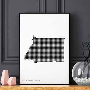 Póster retro de mapa de GUINEA ECUATORIAL con puntos minimalistas, diseño de decoración de pared en blanco y negro, estilo nórdico, escandinavo, suizo y moderno, para inauguración de la casa y viajes