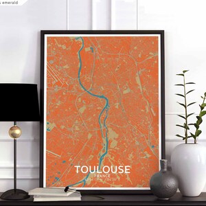 TOULOUSE France carte affiche noir blanc ville natale ville impression moderne décor à la maison bureau décoration mur art dortoir chambre cadeau