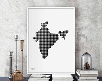 INDIA minimal dots retro map poster black white wall decor design modern swiss scandinavian nordic housewarming travel