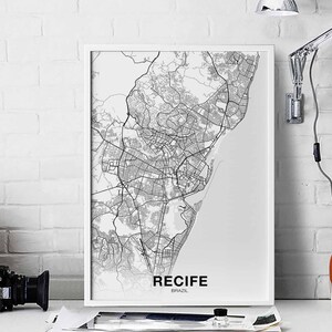 Póster con mapa de RECIFE, Brasil, en blanco y negro, ciudad natal, impresión moderna, decoración del hogar, oficina, arte de pared, dormitorio, regalo
