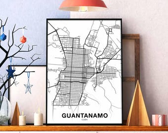 GUANTANAMO Cuba map poster black white  Hometown City Print Modern Home Decor Office Decoration Wall Art Dorm Bedroom Gift