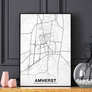 AMHERST Massachusetts MA US map poster black white Hometown City Print Modern Home Decor Office Decoration Wall Art Dorm Bedroom Gift