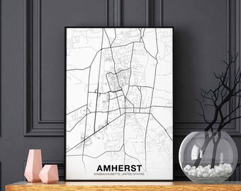 AMHERST Massachusetts MA US map poster black white Hometown City Print Modern Home Decor Office Decoration Wall Art Dorm Bedroom Gift