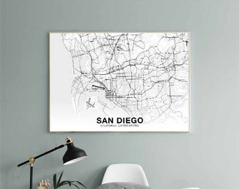SAN DIEGO California CA usa map poster black white Hometown City Print Modern Home Decor Office Decoration Wall Art Dorm Bedroom Gift