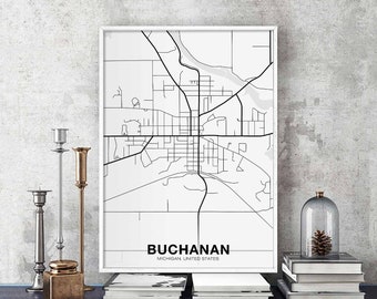 BUCHANAN Michigan MI US map poster black white Hometown City Print Modern Home Decor Office Decoration Wall Art Dorm Bedroom Gift