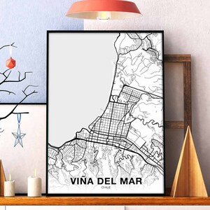 Póster con mapa de VINA DEL MAR, Chile, en blanco y negro, ciudad natal, impresión moderna, decoración del hogar, decoración de la oficina, arte de pared, dormitorio, regalo