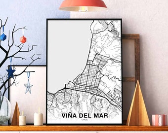VINA DEL MAR Chile map poster black white Hometown City Print Modern Home Decor Office Decoration Wall Art Dorm Bedroom Gift