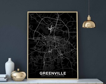 GREENVILLE North Carolina NC USA map poster black white Hometown City Print Modern Home Decor Office Decoration Wall Art Dorm Bedroom Gift