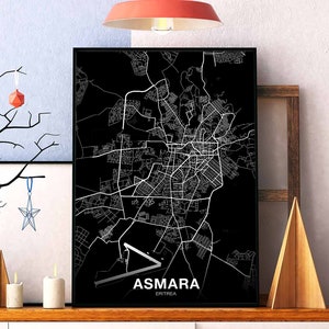 ASMARA érythrée carte affiche noir blanc ville natale ville impression moderne décor à la maison bureau décoration mur art dortoir chambre cadeau