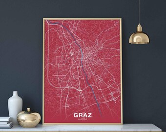 GRAZ Austria map poster color Hometown City Print Modern Home Decor Office Decoration Wall Art Dorm Bedroom Gift