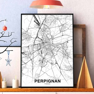 PERPIGNAN France carte affiche noir blanc ville natale ville impression moderne décor à la maison bureau décoration mur art dortoir chambre cadeau