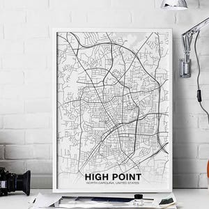 Può includere: Una stampa di mappa in bianco e nero di High Point, Carolina del Nord, Stati Uniti. La mappa mostra le strade e le strade della città.