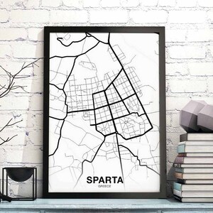 SPARTA Griechenland Karte Poster schwarz weiß Heimatstadt Stadt Print Modernes Wohndekor Büro Dekoration Wand Kunst Wohnheim Schlafzimmer Geschenk