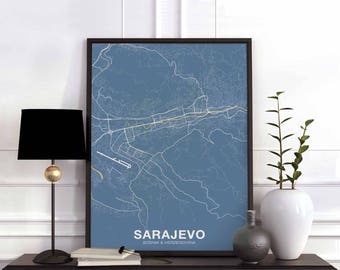 SARAJEVO Bosnia & Herzegovina map poster color Hometown City Print Modern Home Decor Office Decoration Wall Art Dorm Bedroom Gift