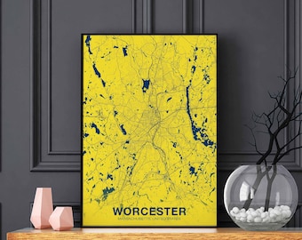 WORCESTER Massachusetts USA map poster color Hometown City Print Modern Home Decor Office Decoration Wall Art Dorm Bedroom Gift