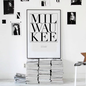 Póster con impresión artística de tipografía minimalista de Milwaukee, diseño de decoración de pared en blanco y negro, inspiración nórdica escandinava suiza moderna