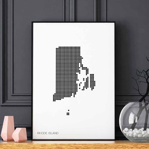 RHODE ISLAND US state minimal dots carte rétro poster noir blanc décoration murale design moderne suisse scandinave nordique pendaison de crémaillère voyage