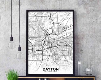 DAYTON Ohio OH USA map poster black white  Hometown City Print Modern Home Decor Office Decoration Wall Art Dorm Bedroom Gift