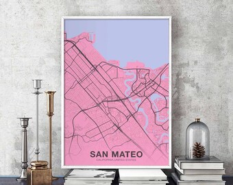 SAN MATEO California CA usa map poster color Hometown City Print Modern Home Decor Office Decoration Wall Art Dorm Bedroom Gift