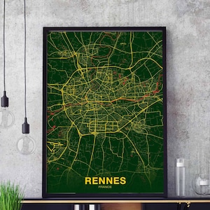 RENNES France carte affiche couleurs ville natale ville impression moderne décor à la maison bureau décoration mur art dortoir chambre cadeau