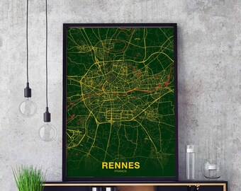 RENNES France map poster colors Hometown City Print Modern Home Decor Office Decoration Wall Art Dorm Bedroom Gift