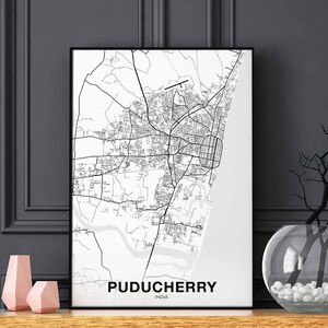 PUDUCHERRY inde carte affiche noir blanc ville natale ville impression moderne décor à la maison bureau décoration mur art dortoir chambre cadeau