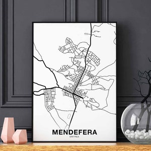 MENDEFERA érythrée carte affiche noir blanc ville natale ville impression moderne décor à la maison bureau décoration mur art dortoir chambre cadeau