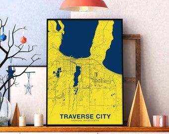TRAVERSE CITY Michigan USA map poster color Hometown City Print Modern Home Decor Office Decoration Wall Art Dorm Bedroom Gift