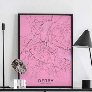 DERBY Grande-Bretagne Royaume-Uni carte affiche couleur ville natale ville impression moderne décor à la maison bureau décoration mur art dortoir chambre cadeau