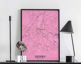 DERBY Great Britain UK map poster color Hometown City Print Modern Home Decor Office Decoration Wall Art Dorm Bedroom Gift